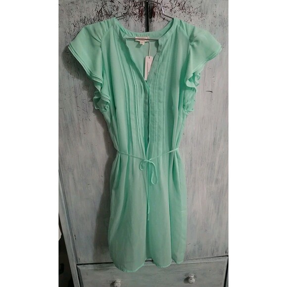 Charming Charlie's Ruffled Sleeve Neck Knee Dress Nwt Small Green Boho Feminine - Picture 1 of 9